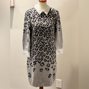 CYNTHIA ROWLEY Wool Bl. Sweater Dress Sz L Layered Look Leopard Grey Black